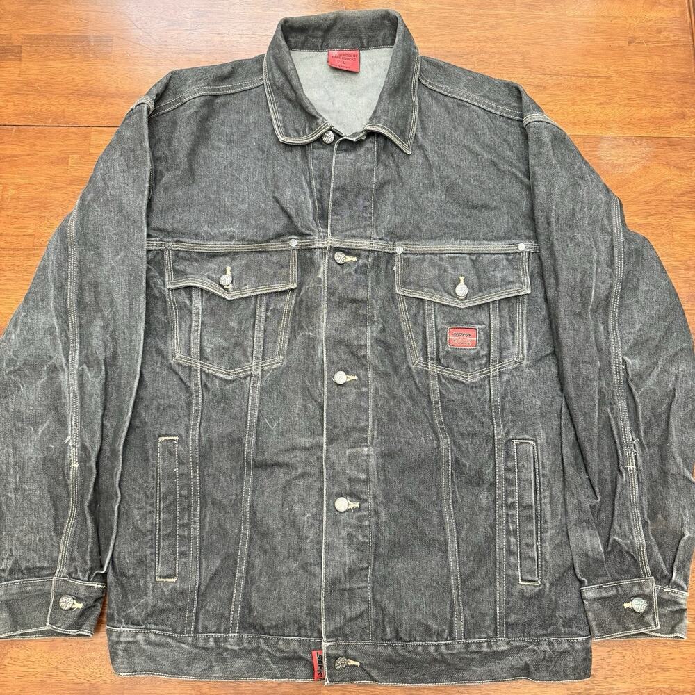Vtg SOHK School Of Hard Knocks Denim Jacket Y2K Men's Large Black Oversized